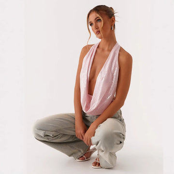 Top Halter con Lentejuelas Rosa