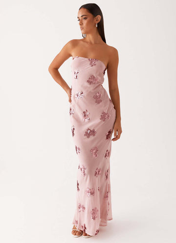 Vestido Largo Espalda Descubierta con Flores en Lentejuelas – Rosa