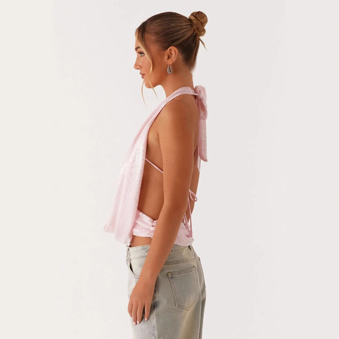 Top Halter con Lentejuelas Rosa