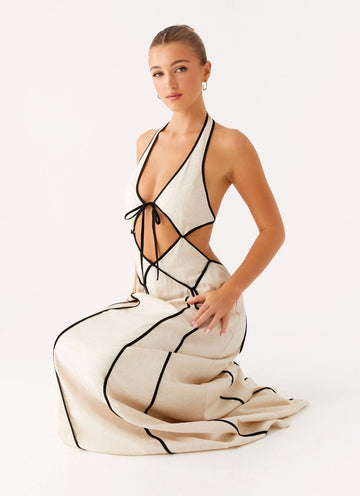 Vestido Largo Espalda Descubierta con Cintas y Costuras Contrastantes