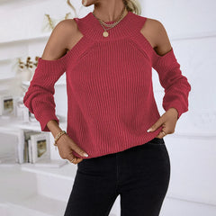 Women Sexy Off-Shoulder Round Neck Pullover Loose Casual Long Sleeve Sweater Top