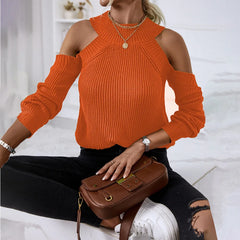 Women Sexy Off-Shoulder Round Neck Pullover Loose Casual Long Sleeve Sweater Top