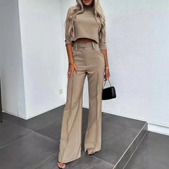 Elegant 2 Piece Sets Women Outfit Trend 2024 Autumn Casual Long Sleeve T-shirt Crop Tops And Pant Sets Office Lady Suits