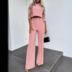 Elegant 2 Piece Sets Women Outfit Trend 2024 Autumn Casual Long Sleeve T-shirt Crop Tops And Pant Sets Office Lady Suits