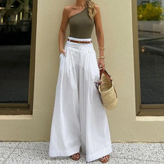 Women High Waist Casual Wide Leg Long Palazzo Pants Korean Fasion Summer with Pocket Loose Lady Simple White Trousers y2k Bottom