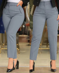 Elegant Women Chic Fashion Detail Office Wear Pants Vintage High Waist Zipper Fly Female Slim Trousers Mujer Solid Suit Pants