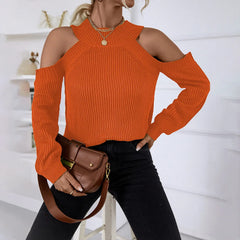 Women Sexy Off-Shoulder Round Neck Pullover Loose Casual Long Sleeve Sweater Top