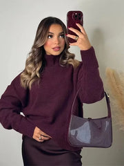 Vintage Women's Burgundy Turtleneck Sweater Casual Long Sleeves Female Thicken Pullover 2024 Winter Lady Cozy All-match Knitwear