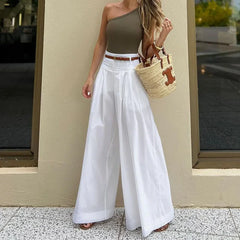 Women High Waist Casual Wide Leg Long Palazzo Pants Korean Fasion Summer with Pocket Loose Lady Simple White Trousers y2k Bottom