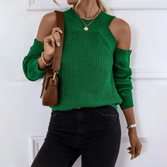 Women Sexy Off-Shoulder Round Neck Pullover Loose Casual Long Sleeve Sweater Top