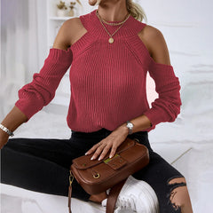 Women Sexy Off-Shoulder Round Neck Pullover Loose Casual Long Sleeve Sweater Top